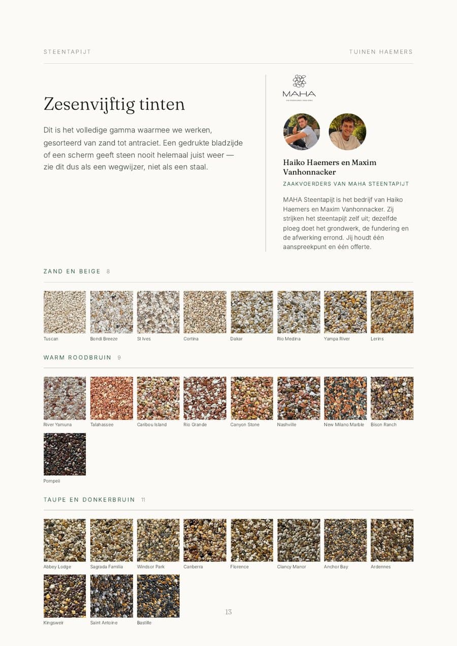 De kleurenkaart van het steentapijt, gesorteerd per kleurfamilie